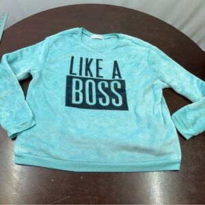 Wound Up Teal Crewneck Sweater with LIKE A BOSS Graphic